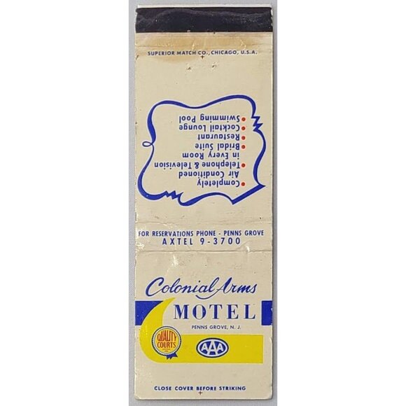 Other - Front Strike Matchbook Cover Colonial Arms Motel Penns Grove NJ Map on Back